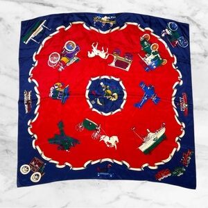 Vintage 90s 100% Silk Liz Claiborne Novelty Print Travel Locomotive Theme Scarf